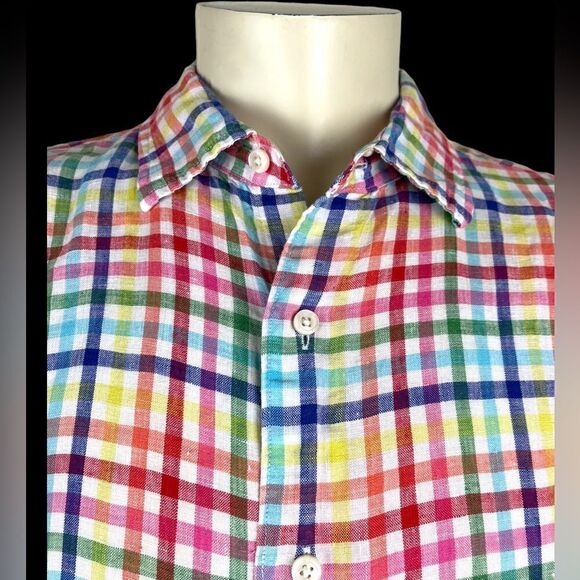 Cremieux Classics L/S Casual Dress Shirt in Colorful Plaid Check 100% Linen XL - Picture 3 of 6